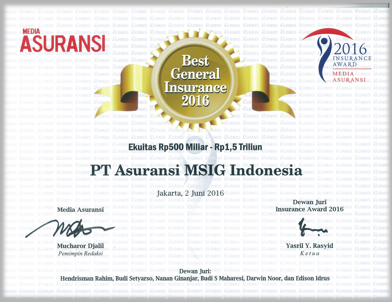 MSIG Indonesia Awarded 2nd Winner Of Best General Insurance 2016 From Media Asuransi