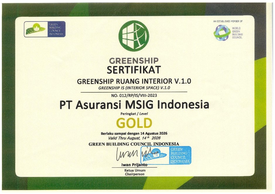 MSIG Indonesia Achieved Gold-level Certification for GREENSHIP Interior Space