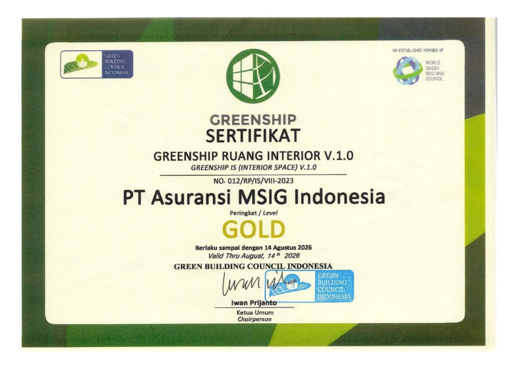 MSIG Indonesia Achieved Gold-level Certification for GREENSHIP Interior Space