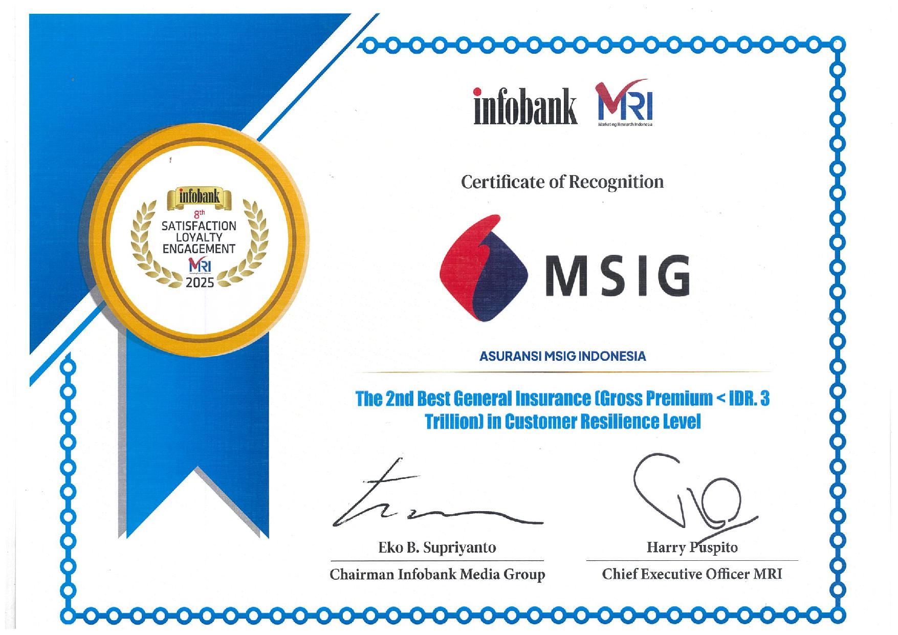 MSIG Indonesia Received the Award “The 2nd Best General Insurance (Gross Premium < IDR. 3 Trillion) In Costumer Resilience Level” from Infobank and MRI