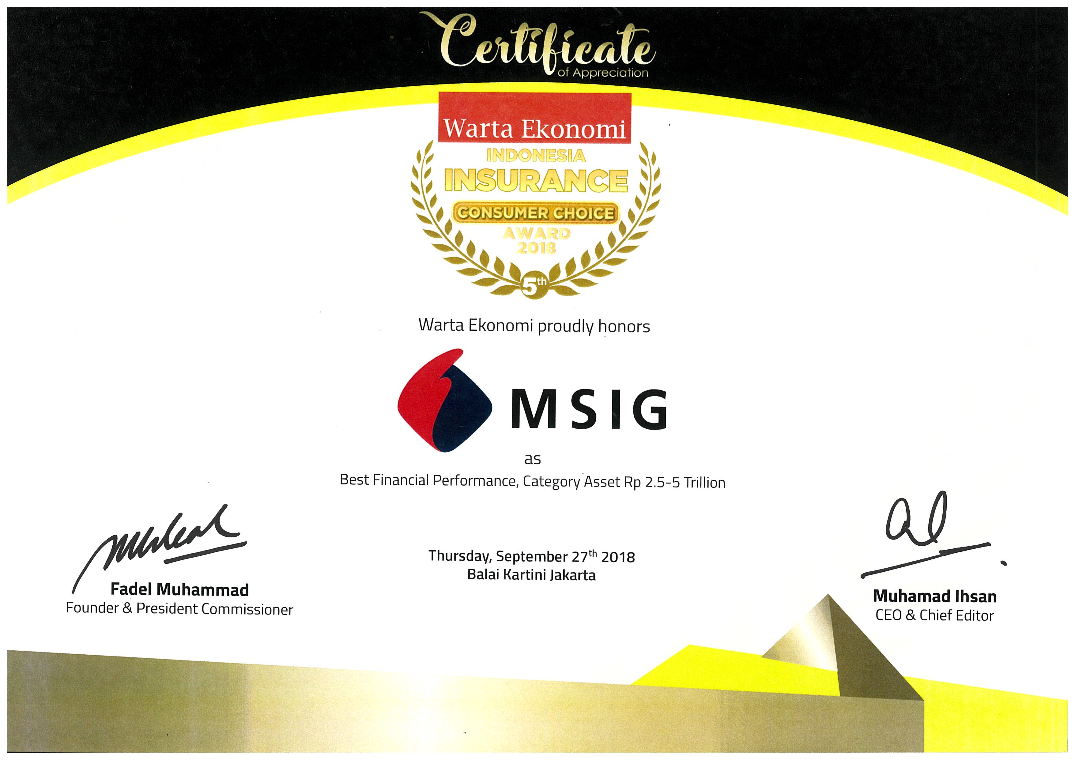 MSIG Indonesia Awarded Best Financial Performance – Insurance Consumer Choice Award 2018 1