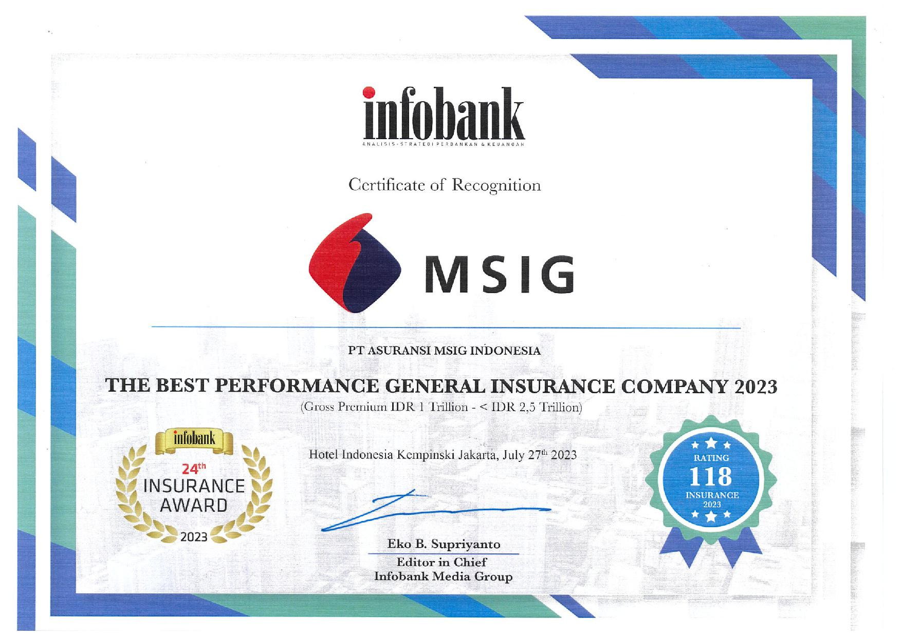 MSIG Indonesia Received “The Best Performance General Insurance Company Awards 2023”
